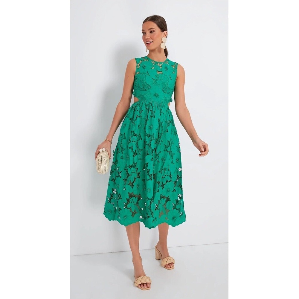 $555 Self-Portrait Women's Green 3D Cutout Floral Lace A-Line Midi Dress Size 2